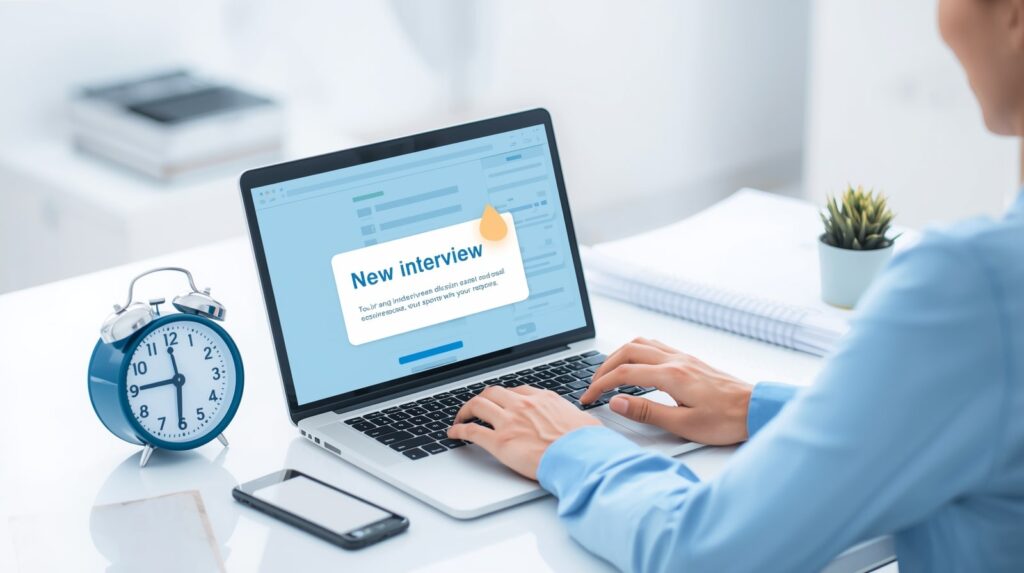Person checking laptop inbox with a highlighted interview email notification, clock showing 72 hours response time, symbolizing JobWaly’s quick hiring process.